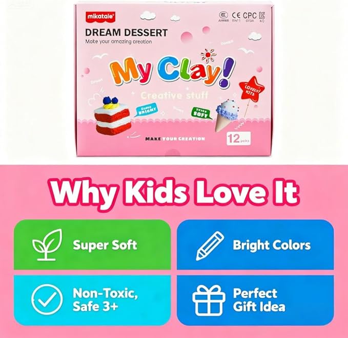 Air Dry Clay Dessert Kit for Kids – 12 Mini Dessert DIY Crafts with Tools, Birthday Cake & Ice Cream Pretend Food, Non -Toxic Arts & Crafts Gift for Girls & Boys Ages 5+