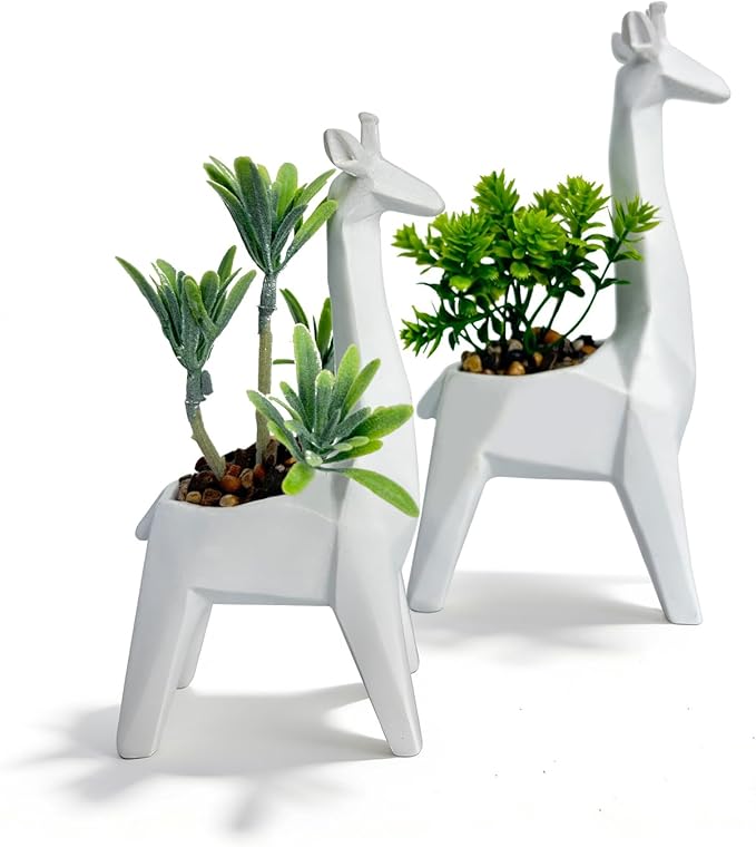 Ordbuum 2PCS White Mini Succulents Plants Artificial with Giraffe Shaped Pots,Small Indoor Fakeplants for Shelves and Bathroom, Cute Desk Plants for Office