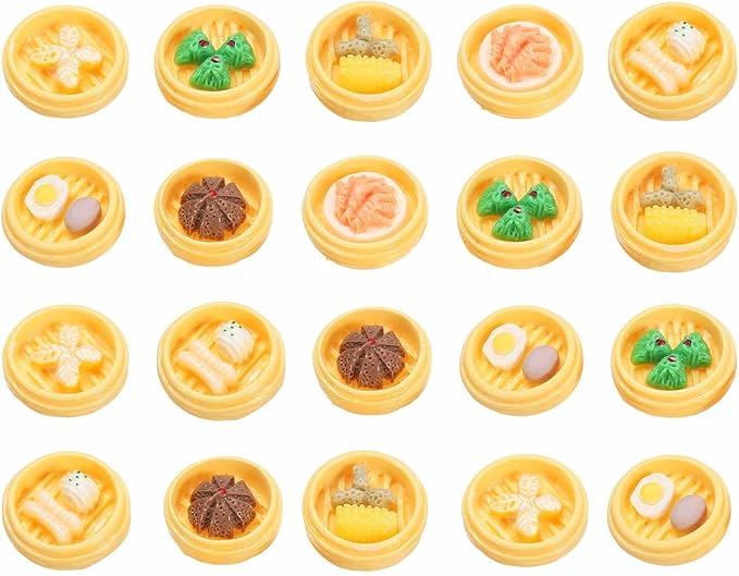 Dollhouse Miniature Food, Cute Mixed Steamer Basket Figures Toys Mini Resin Foods Trinkets for Pretend Play Kitchen Cooking Game & Doll House Decor (Mixing Colors, 20pcs)