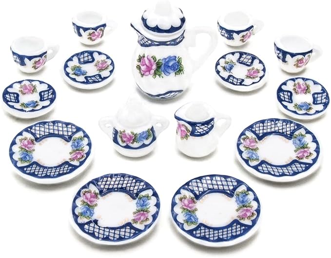Odoria 1/12 Miniature Porcelain Tea Set 15Pcs Dollhouse Decoration Accessories, Blue Blossom