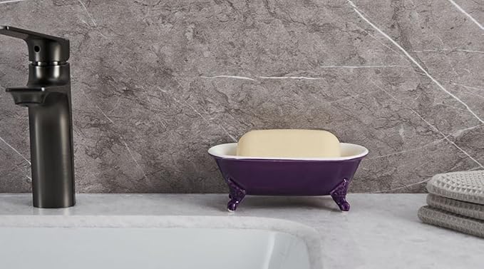 NEWHENGS 6.5" Ceramic Mini Decorative Clawfoot Bathtub Bar Soap Dish, Kitchen Sponge Holder and Shower Tray for Bathroom, 1 Pack(Plum)