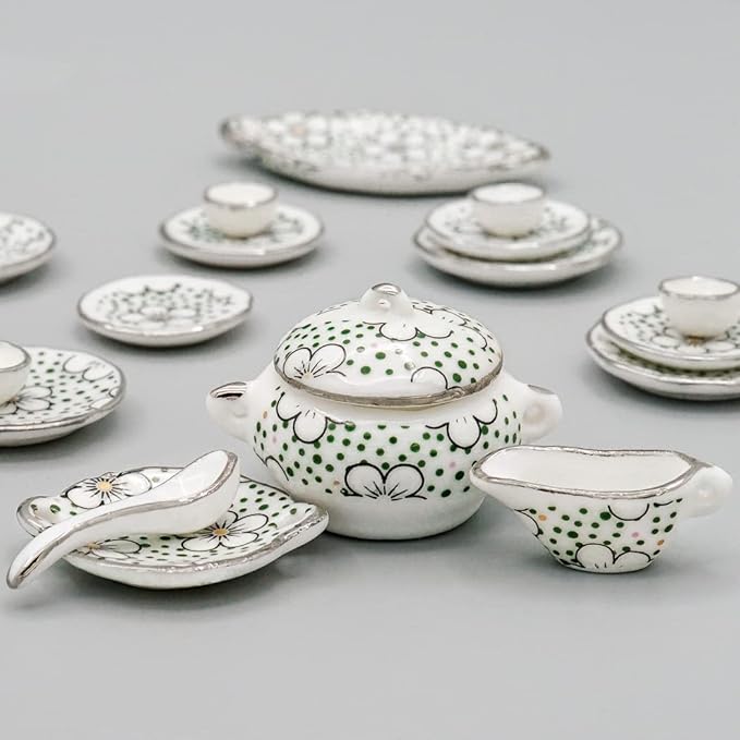 Odoria 1/12 Miniature Dish Dinnerware Set 17Pcs Dollhouse Decoration Accessories, Plum Blossom