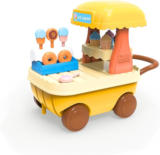 Family Ice Cream Cart Toy — Dessert Pushcart Set with Popsicles, Cones & Donuts, Street Vendor Stall for Dollhouse Pretend Play, Gift for Kids Ages 3+