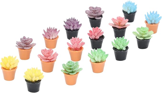 Dilwe 16Pcs Dollhouse Potted Plants, Mini Succulents Plants for Dollhouse Decoration, Resin 1:12 Scale Lifelike Appearance Colors Miniature Bonsai Plant Mini Potted Plant Flower Model
