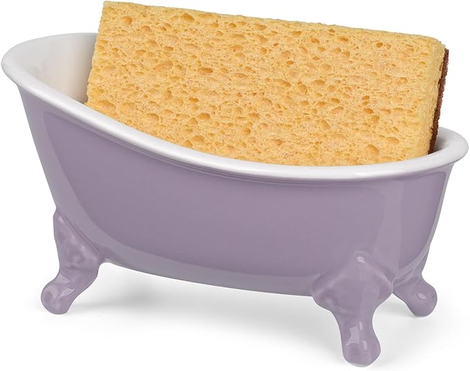 NEWHENGS 6.1" Vintage Ceramic Mini Decorative Clawfoot Bathtub Bar Soap Dish, Kitchen Sponge Holder and Shower Tray for Bathroom, 1 Pack (Lavender)