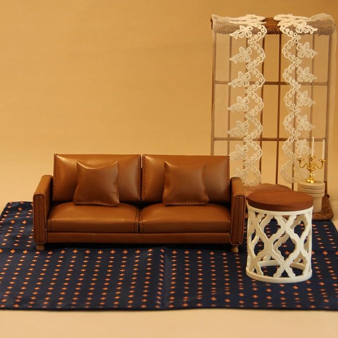 Miniature Dollhouse Leather Couch -1:12 Scale Mini Sofa Furniture Set with Cushions Fit 1/12 Scale Accessories for Doll House Décor and 3 to 6 inches Doll Figure (Brown)