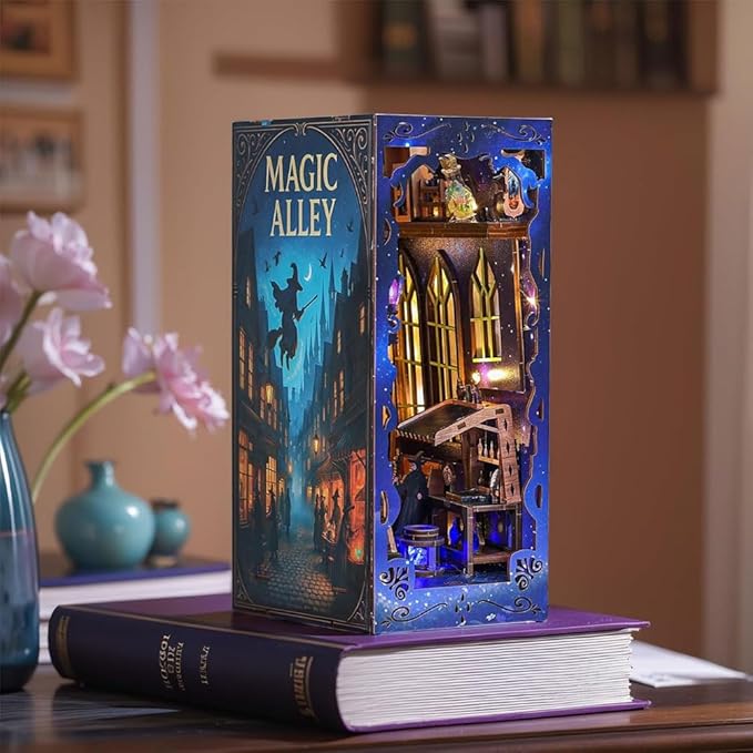 Magic Alley Book Nook Kit - DIY Miniature House Kit for Adults, Teens and Beginners, Magic Miniature Diorama with LED Light, 3D Wooden Puzzle Bookend Bookshelf Insert Decor, Gifts for Fantasy Lovers