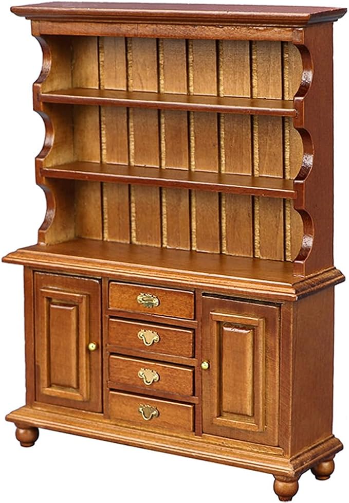 Dollhouse Furniture, Doll Display Cabinet with Drawers 1:12 Scale Miniature Dollhouse Vintage Wood Bookcase, Mini Dresser Living Bedroom Dolls & Accessories DIY Doll House Decorations for Girl and Boy