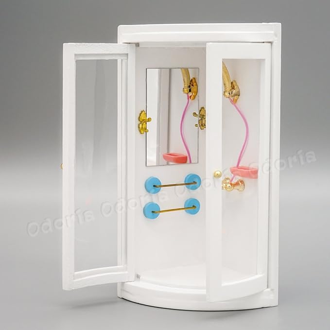 Odoria Dollhouse Shower Enclosure Miniature: 1/12 Scale Shower Room Corner for Modern Bathroom - Mini Wood Furniture White