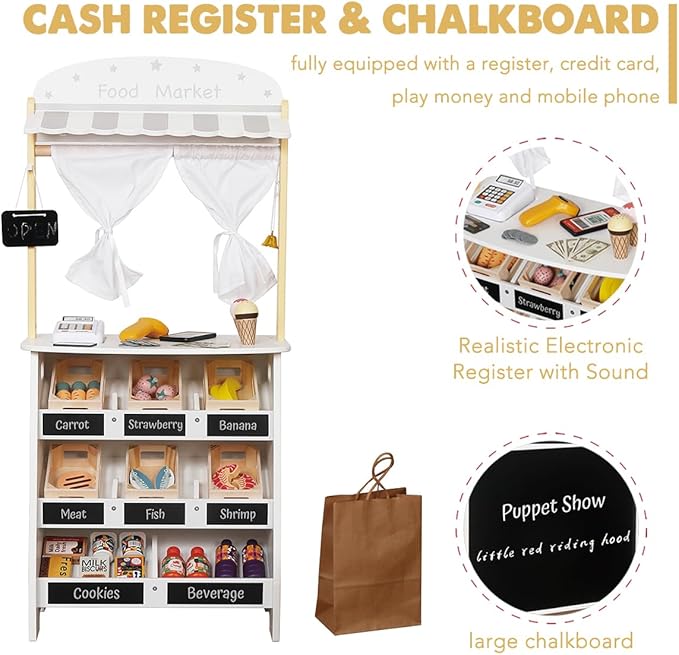 Touch Us Kids Grocery Store Playset,Pretend Play Store Toy & Wooden Supermarket Shopping Cart with Toy Cash Register, Play Money&Blackboard;26PCS Food Toys Shop for 3+ year old boys girls toddler baby