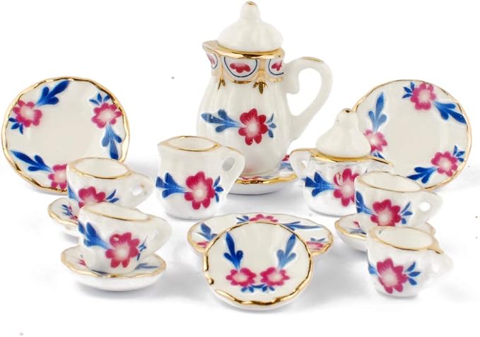NW 1 Set 15 Pieces 1:12 Ceramics Tea Cup Set Lovely Dollhouse Decoration Set Dollhouse Kitchen Accessories(#8)