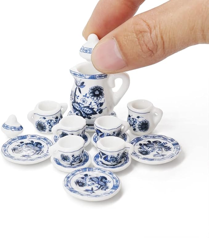 Odoria 1/12 Miniature Porcelain Tea Set 15Pcs Dollhouse Decoration Accessories, Blue Lotus