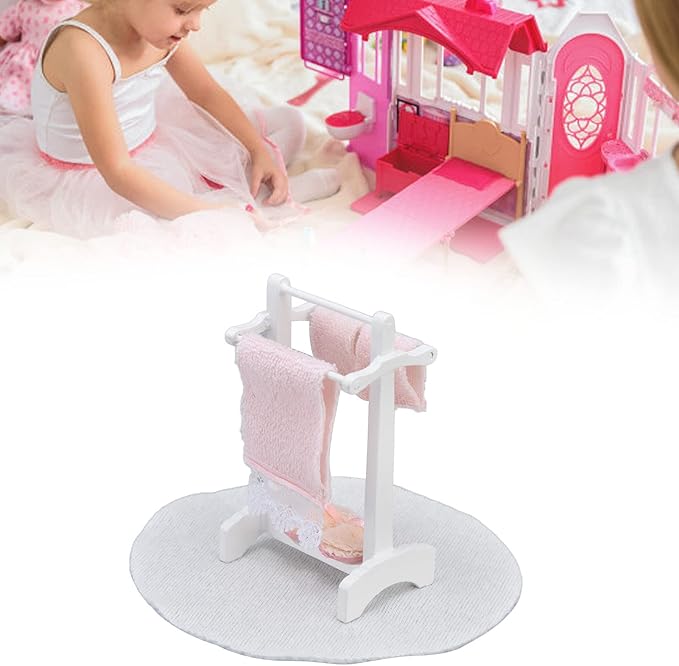 1:12 Miniature Bath Towel Rack with Rug Set - Dollhouse Bathroom Furniture Accessories - Dollhouse Furniture Craft Accessories for a Realistic Dollhouse Bathroom (2 Pcs)