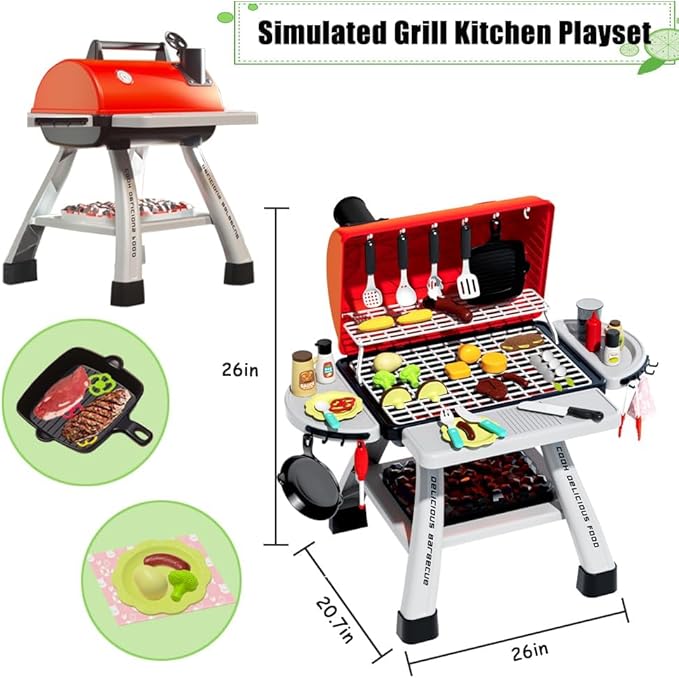 Kids BBQ Grill Playset, Play Kitchen Toys Grill with Smoke Sound Light Simulation Pretend Play Food for Toddlers 3-5 Camping Cooking Set Birthday Gifts Christmas for Grandkids