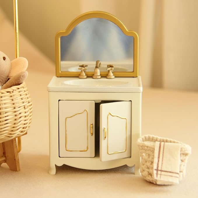 Funky Mini House Miniature Dollhouse Iron Sink Dresser with Mirror - 1:12 Scale Mini Vanity Metal Furniture, Cute Dollhouse Furniture for American Girl Dollhouse Bedroom Decor, Christmas/Birthday Gift