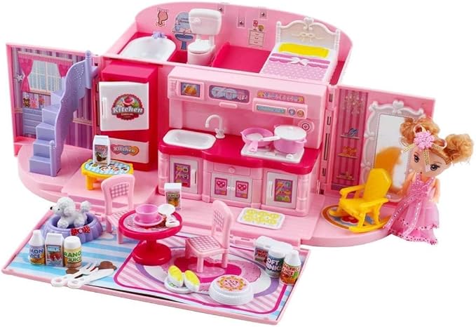 deAO Doll Houses Portable Backpack for Girls with Doll Toy House with Light and Music Baby Dollhouse Furniture for 3 to 8 Years Olds Toddler Kids