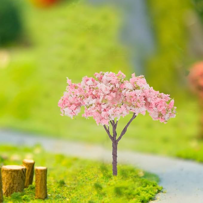 HOMSFOU 8pcs Cherry Blossom Tree Model, Artificial Blossom Cherry Tree Scenery Model Miniature Sand Table Accessories for Train Railway Architecture Diorama Micro Landscape Garden Yard Decor