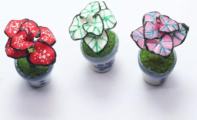 3 Pieces 1:12 Dollhouse Miniature Artificial Flower Plants in Ceramic Pot, Crimson Skye,White Christmas,Pink Gam Dollhouse Accessories for Collectibles and Home Decoration