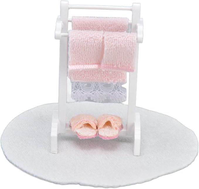 1:12 Miniature Bath Towel Rack with Rug Set - Dollhouse Bathroom Furniture Accessories - Dollhouse Furniture Craft Accessories for a Realistic Dollhouse Bathroom (2 Pcs)