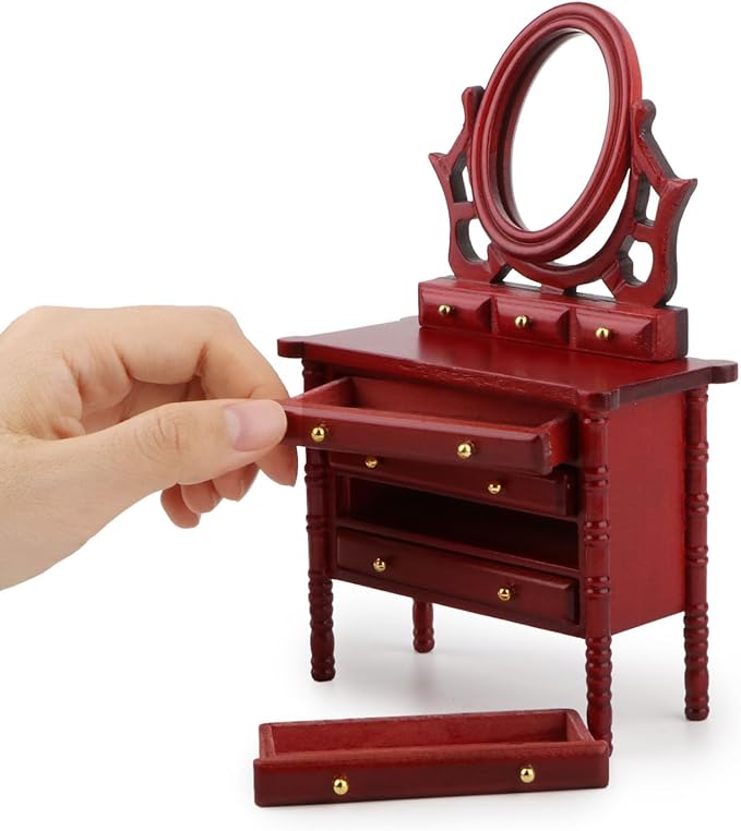 Dollhouse Furniture Dressing Table Miniature Vanity Set with Drawers No Deformation Handy Mini Dressing Table (Red)