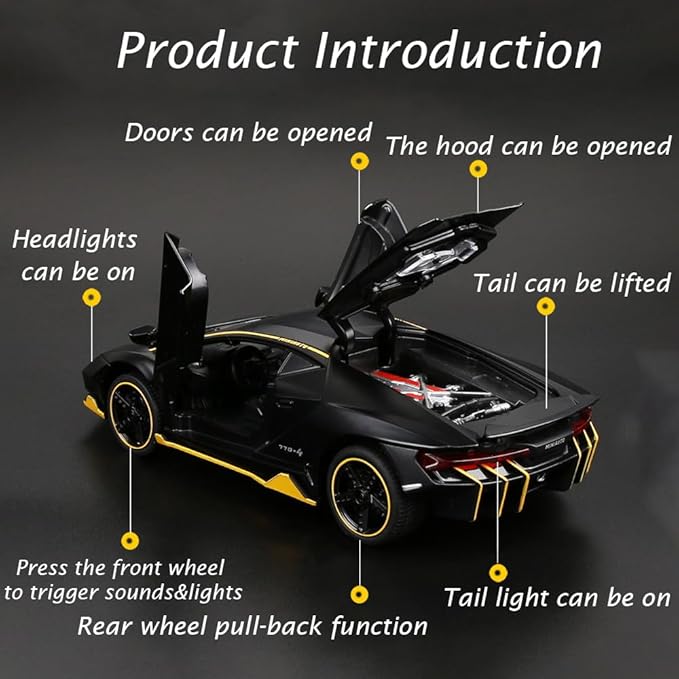 Alloy Collectible Black Lambo Toy Pull Back Vehicles Diecast Cars Model with Light & Sound