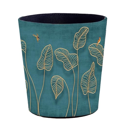 Scakbyer 10L/2.64 Gallon Trash Can, Decorative Waste Basket, PU Leather Waste Paper Basket, Waterproof Garbage Can for Bathroom, Bedroom, Office, Kitchen and Living Room - Golden Leaves