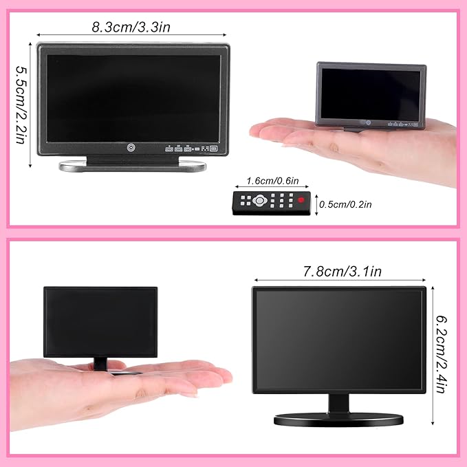 2 Pieces Dollhouse Miniature Furniture 1:12 Miniature Doll House TV Television with Remote Control Mini Model Toy Mini Decoration Accessories