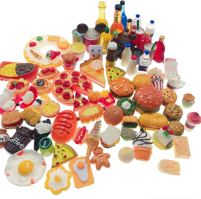 Miniature Food Drinks Toys 110pcs Mixed Resin Pizza Hamburgers French Fries Wine Decoration Tableware Doll house for Adults Childrens Pretend Play Kitchen Cooking Game Birthday Party Present