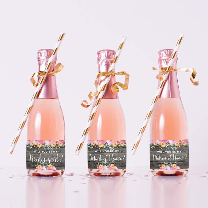 Andaz Press Mini Champagne Wine Bottle Proposal Labels, Will You Be My Bridesmaid? Matron Maid of Honor?, Rustic Gray Wood Floral Flowers, 20-Pack, Favor Gift Labels