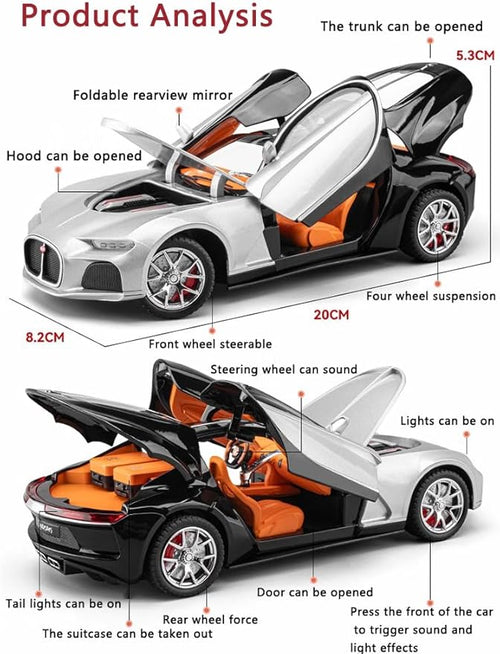 1:24 Simulated Atlantic Alloy Car Model Sound and Light Return Toy Car Metal Sports Car Boy Collection Ornaments Gifts (Black)