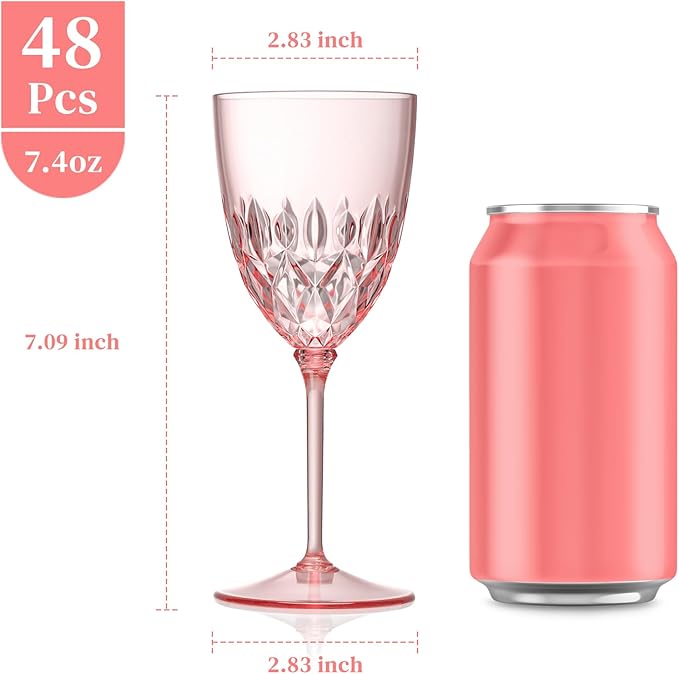 SKLENICE 48 pcs Plastic Pink Wine Glasses Bulk 7.4oz Detachable Small Wine Goblet Champagne Flutes Unbreakable Vintage Diamond Stemware Mimosa Drinking Glassware for Wedding Christmas Event Party