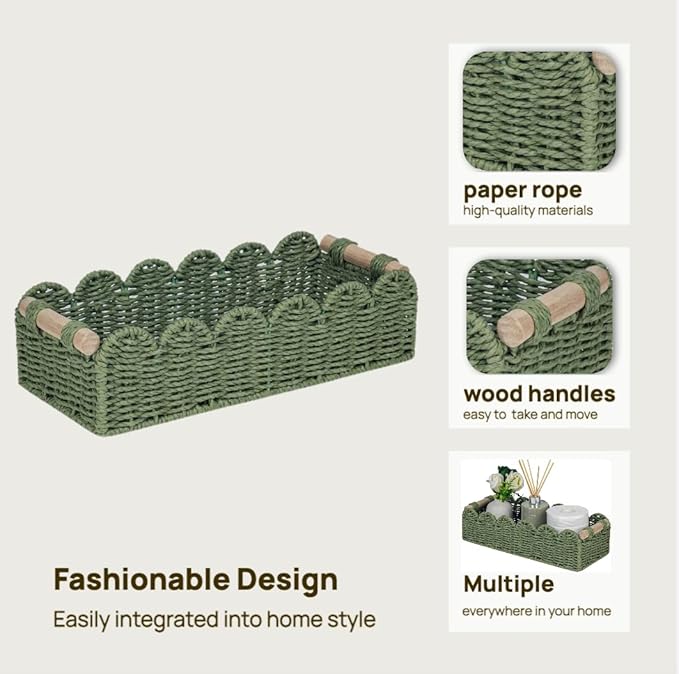 Green Paper Rope Scalloped Basket with Wooden Handles, Decorative Storage Basket for Coffee Table, Bathroom Counter, Shelves & Entryway – 14" x 6.3" x 3.9"