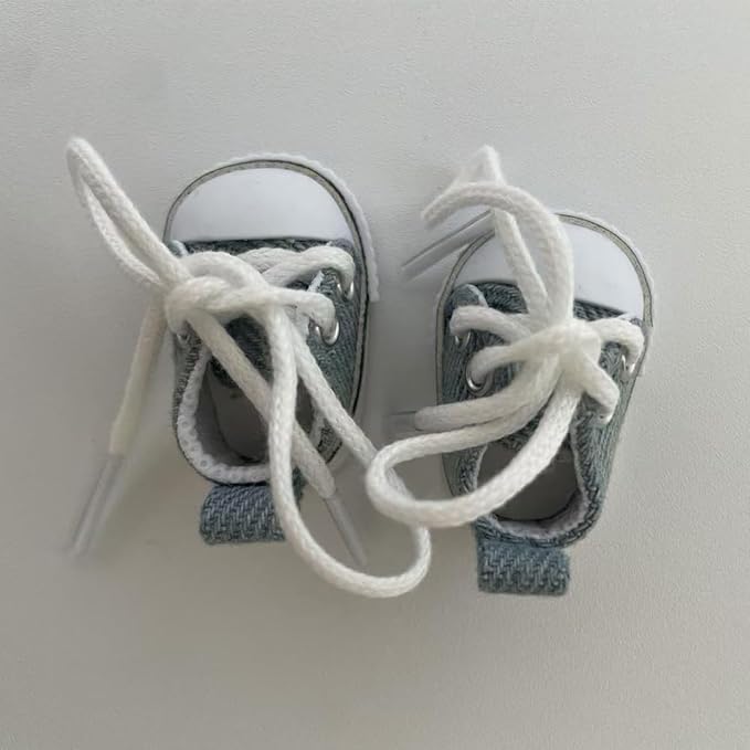 Mini Canvas Sneakers for Dolls, 2 Pairs Set in White and Denim Blue, Lace-up Style for labubu 2025,Include A Pair of Glasses(no Lenses) (White & Denim Blue)