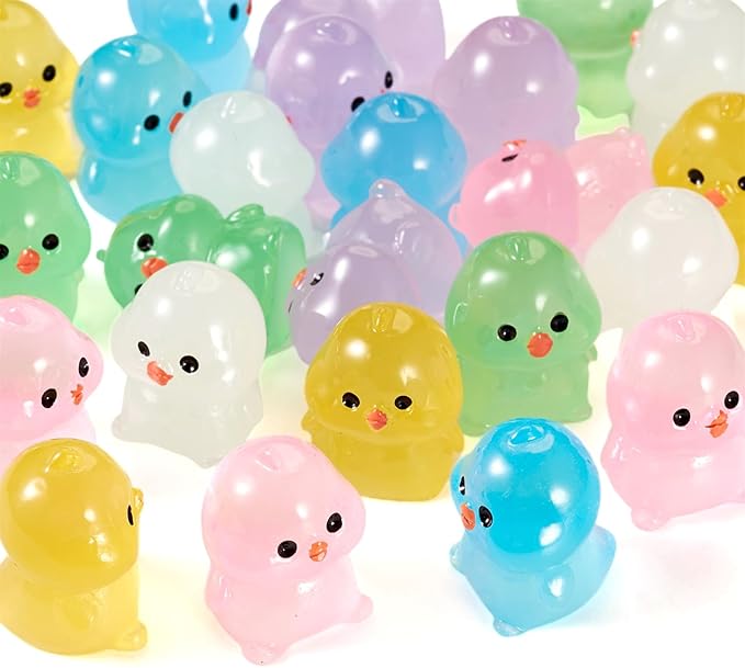 Beadthoven 24pcs Luminous Mini Resin Glow in The Dark Chick Animals Dollhouse Figurines Assorted Colorful Cute Cabochons Small Glowing Figure DIY Charms Garden Craft Landscape Ornaments
