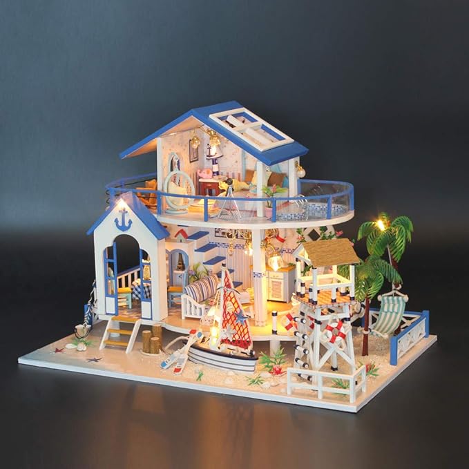 GuDoQi DIY Miniature Dollhouse Kit, Miniature House Kit 1:24 Scale,Tiny House kit with Music and Furniture Kit, Great Gift for Birthday Christmas, Blue Sea Legend