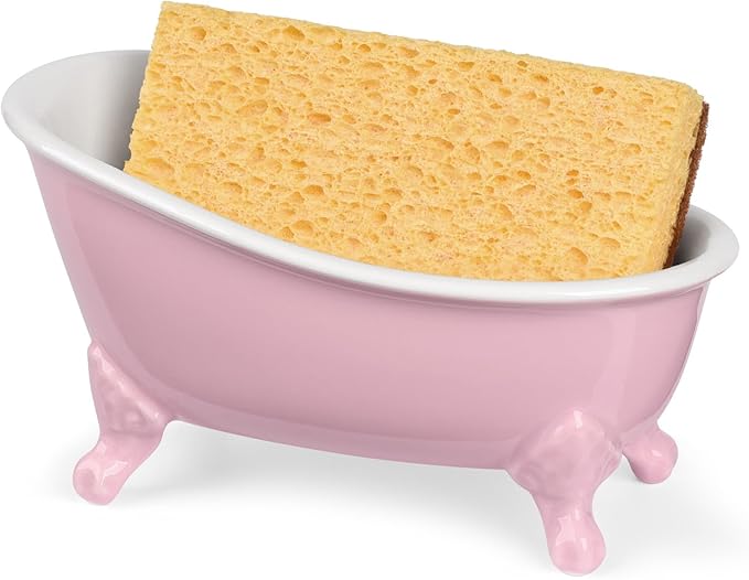 NEWHENGS 6.1" Vintage Ceramic Mini Decorative Clawfoot Bathtub Bar Soap Dish, Kitchen Sponge Holder and Shower Tray for Bathroom, 1 Pack (Pink)