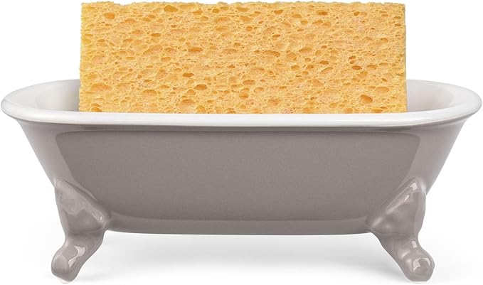 NEWHENGS 6.5" Ceramic Mini Decorative Clawfoot Bathtub Bar Soap Dish, Kitchen Sponge Holder and Shower Tray for Bathroom, 1 Pack(Taupe)