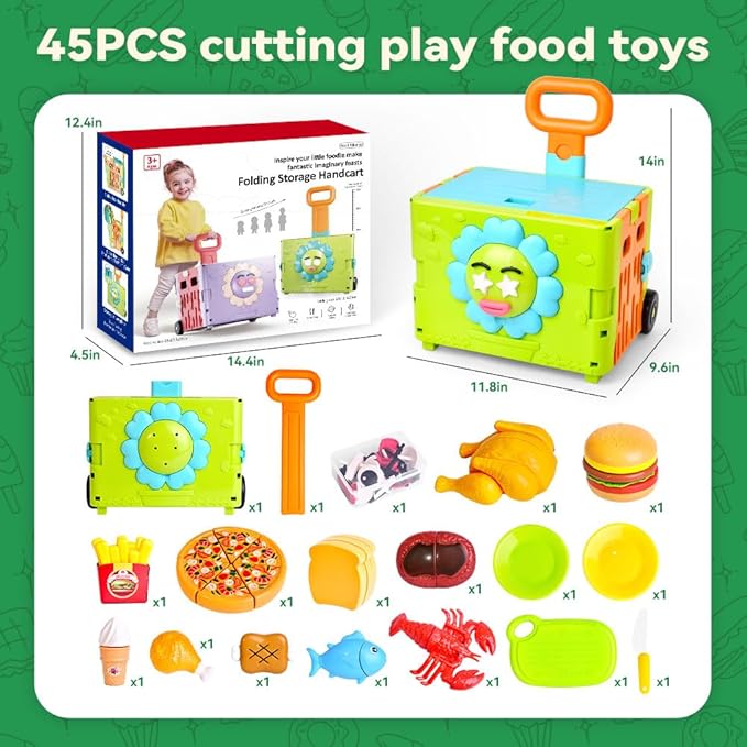 45PCS 3 in 1 Toddler Shopping Cart Trolley Play Set,Kids Grocery Cart-Pretend Play Food Set for Kids Kitchen,Cutting Food ,Preschool Learning Toys, Boys & Girls Birthday Gift for Ages 3+