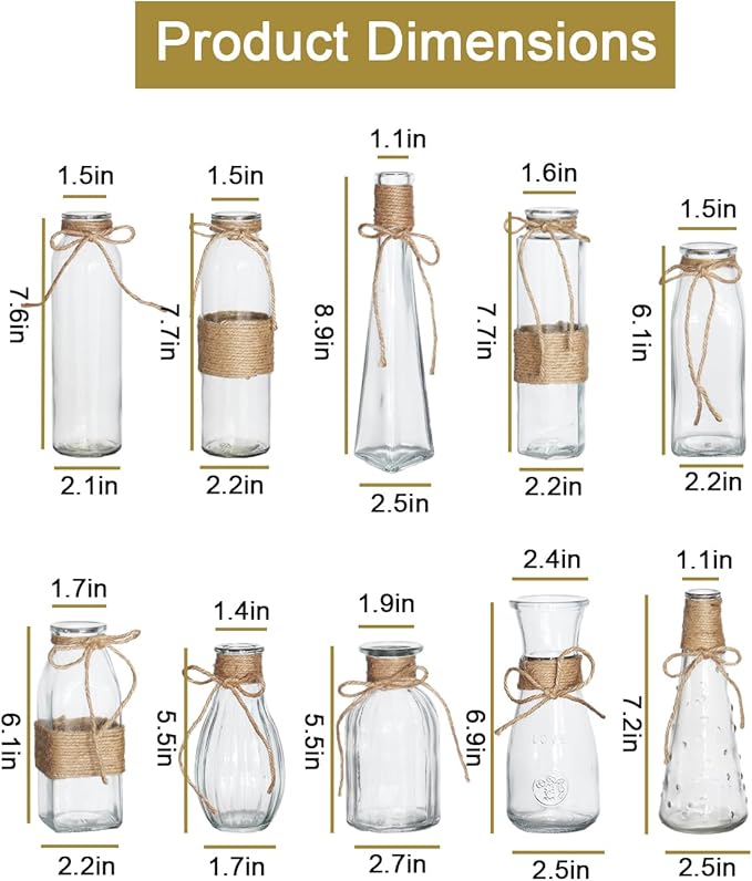10Pcs Small Glass Vases Set - Clear Mini Bud Vases with Twine Ropes, Vintage Farmhouse Style for Flower Arrangements, Centerpieces, Wedding, Home and Table Decor