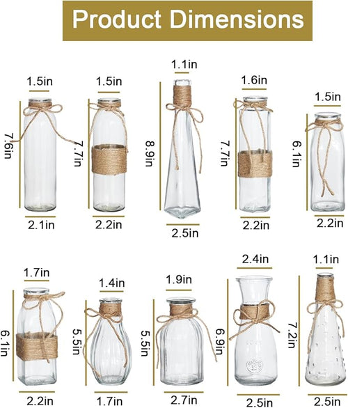10Pcs Small Glass Vases Set - Clear Mini Bud Vases with Twine Ropes, Vintage Farmhouse Style for Flower Arrangements, Centerpieces, Wedding, Home and Table Decor