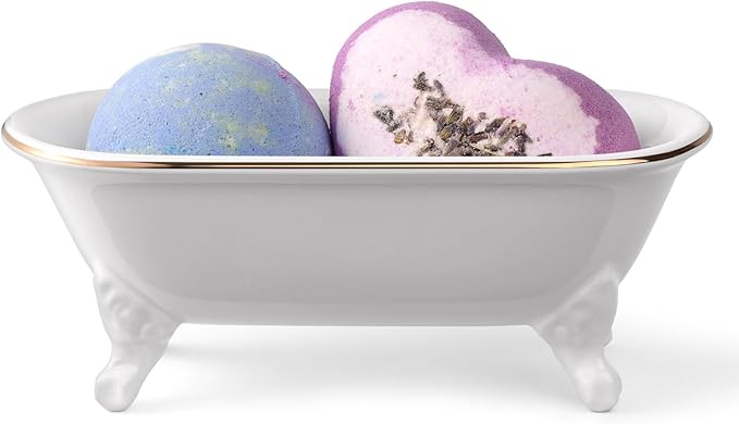 NEWHENGS 6.5" Ceramic Mini Decorative Clawfoot Bathtub Bar Soap Dish, Kitchen Sponge Holder and Shower Tray for Bathroom, 1 Pack (White Gold Rim)