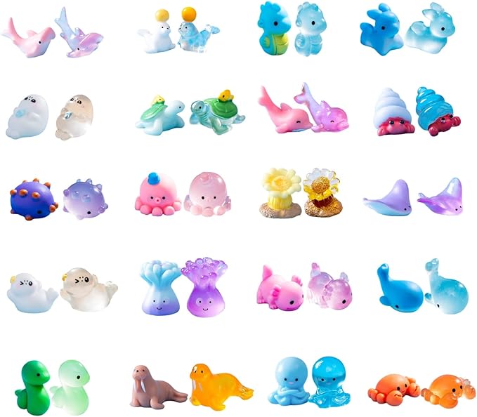 40 Pcs Luminous Mini Resin Ocean Animals Turtle Axolotl Manta Ray for Aquarium Decor Fish Tank Garden Miniatures High-Gloss Resin Crafts Birthday Cake Topper