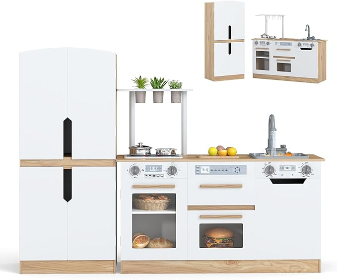 INFANS Kids Kitchen Playset, 2 in 1 Wooden Pretend Play Kitchen with Running Water Fridge Realistic Sounds Lights, Toddler Cooking Toys Gift for Boys Girls