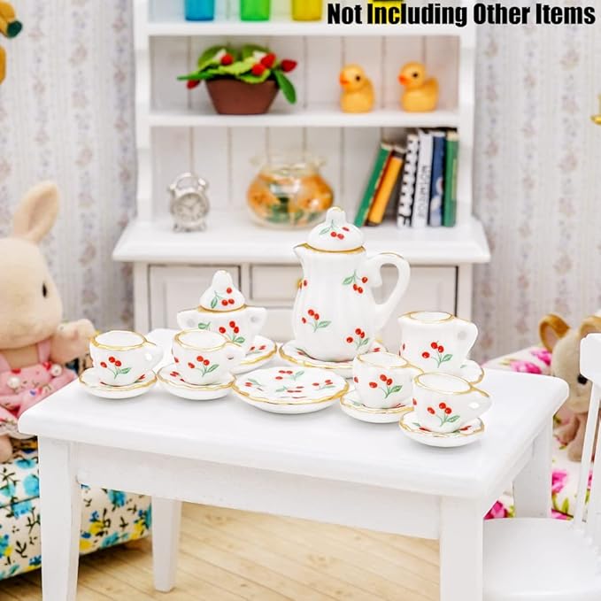 Odoria 1/12 Miniature Porcelain Tea Set 15Pcs Dollhouse Decoration Accessories, Cherry