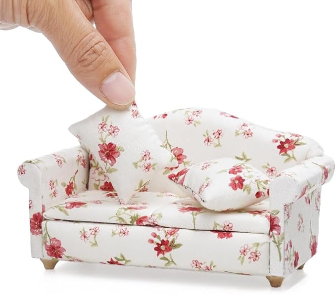 Odoria Dollhouse Couch Loveseat Miniature - 1/12 Scale Upholstered Sofa for Vintage Country Living Room - Mini Settee Chaise Lounge Wood Furniture Floral Red