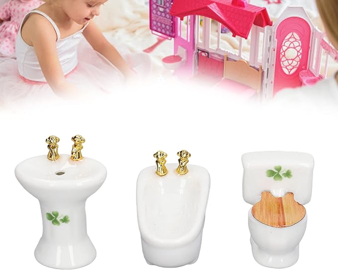 1:24 Dollhouse Miniature Bathroom Set, Ceramic Simulation Bathtub Toilet Sink, Miniature Furniture, Mini Ceramic Bathroom Furniture Set for Dollhouse Restroom Decoration (Grass Pattern)