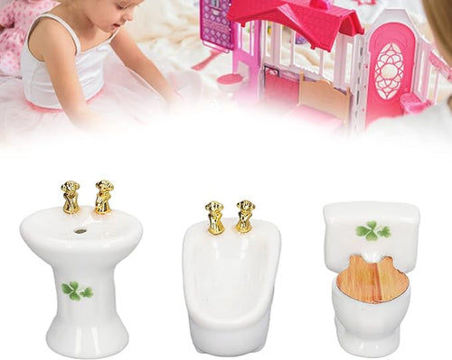 1:24 Dollhouse Miniature Bathroom Set, Ceramic Simulation Bathtub Toilet Sink, Miniature Furniture, Mini Ceramic Bathroom Furniture Set for Dollhouse Restroom Decoration (Grass Pattern)