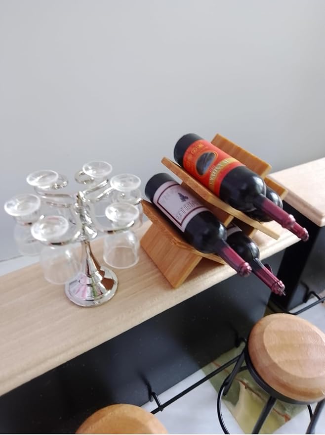Dollhouse Accessories Wine Bottle Set,1 12 Scale Object Including 4 Bottles of Wine with 4 Glasses and a Holder for Mini House Decoration(Modern Style)