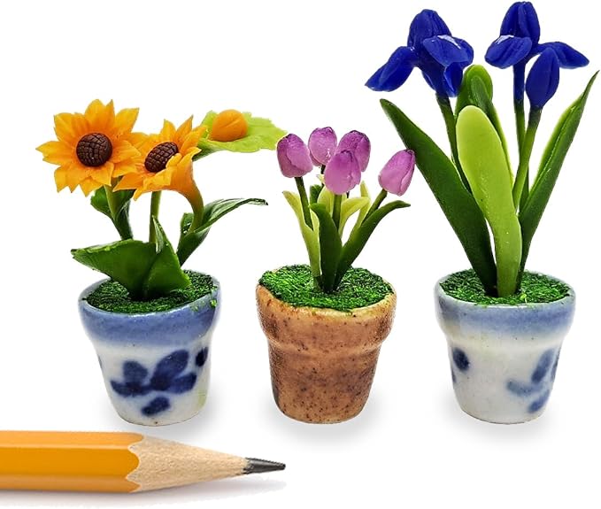 WitnyStore Tiny 1½" High 3 Pieces Set Sunflower Tulip Iris - Hand Made Artificial Flowers Colorful Miniature Realistic Modelling Clay Flower Plants in Pots Blooming House Plant Home Indoor Decoration