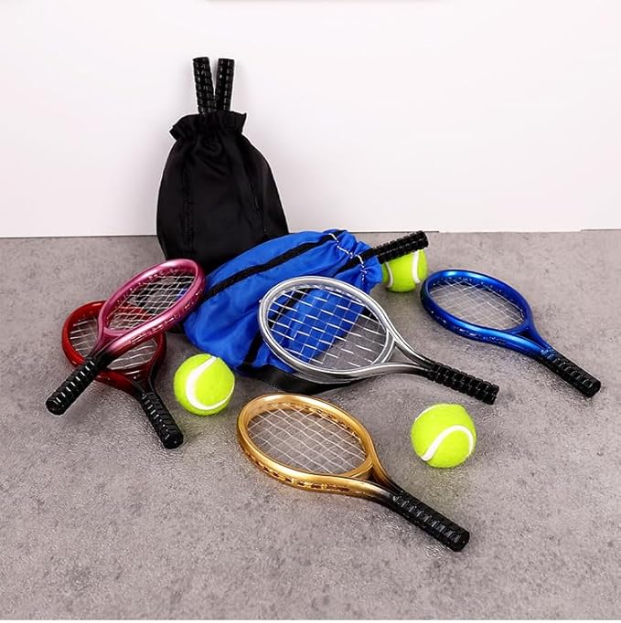 Miniature Tennis Racket Set,1/12 Scale Dollhouse Accessories and Décor，Mini Dollhouse Decoration Accessories for Tennis Decorations and Dollhouse Decor (Silver)